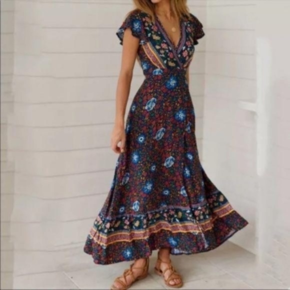 Boho Gypsy Navy Blue Floral Print wrap midi Dress - Picture 2 of 8